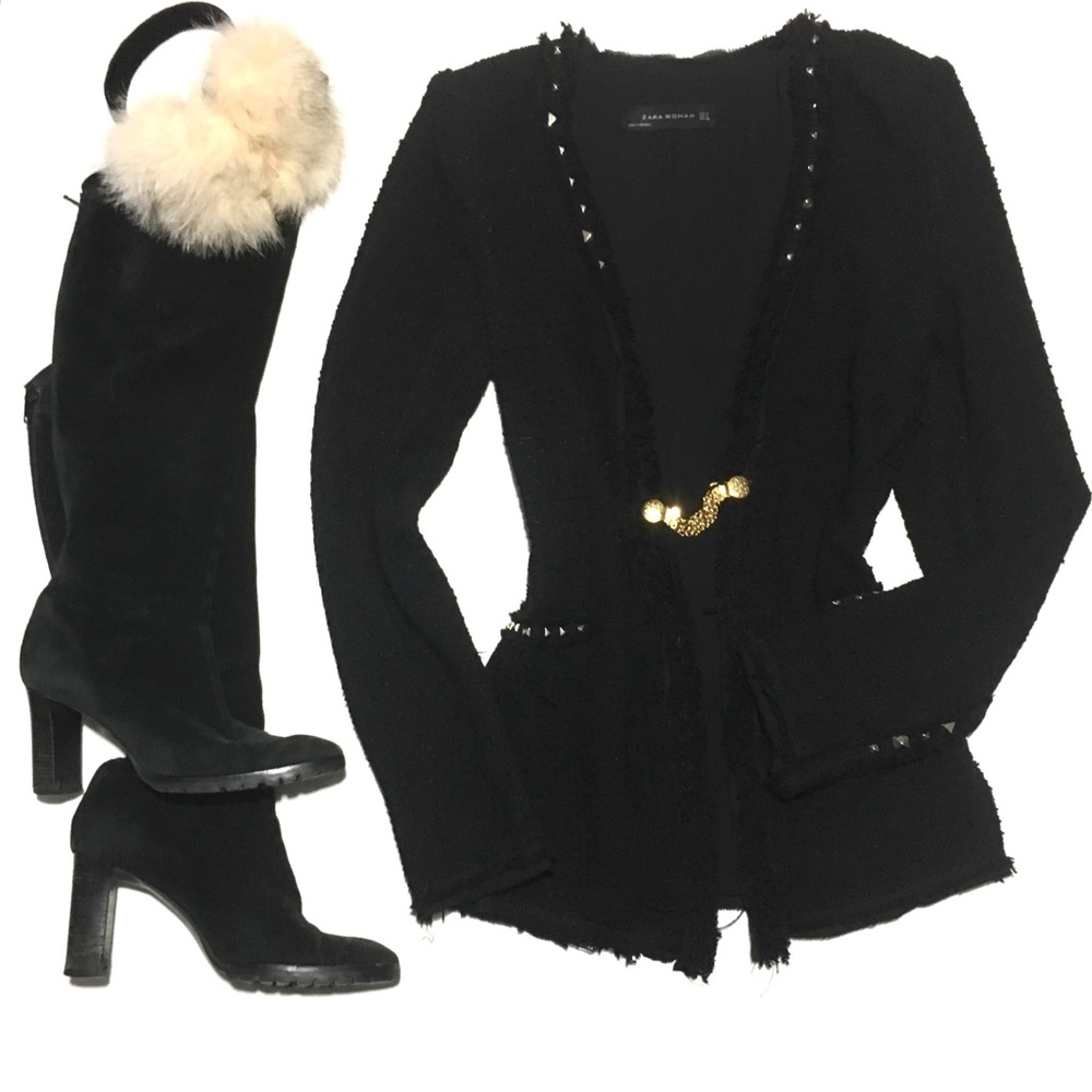 Zara Black Knit Blazer with Gold Accent